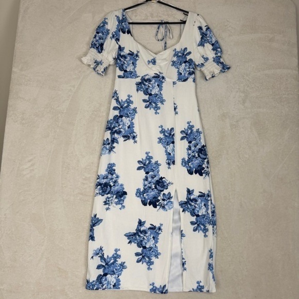 Linen Blend Blue Floral Puff Sleeve Midi Dress Cottagecore Milkmaid Garden Party